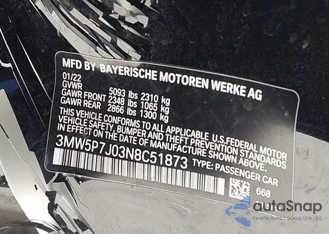 2022 BMW 330E из США, поврежденный, VIN 3MW5P7J03N8C51873